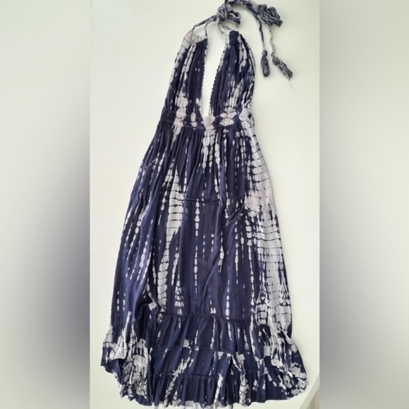 TIE DYE MAXI Dress Cover Up Blue Gray Hi Low Smocked Halter Long Ties WORN ONCE - Picture 6 of 13